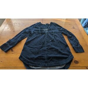 Boho Free People Denim Lace Up Tunic Shirt Dress Dark Wash Long Sleeve Size L